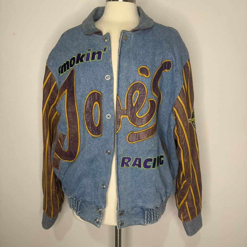 VINTAGE 90s Smoking Joe’s Racing Denim & Leather Jacket Size XL